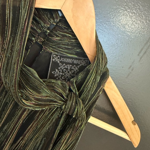 Johnny Was M EUC Metalic Green Halter Maxi Dress with scarf wrap iridescent. - Picture 6 of 14